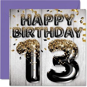 Stuff4 Carte de 13e anniversaire pour garçons – Ballons noirs et dorés – Cartes d'anniversaire pour garçon de 13 ans, fils, frère, petit-fils, cousin, 145 mm x 145 mm