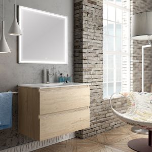 Meuble de salle de bain simple vasque - 2 tiroirs - bambou (ch&ecirc;ne clair) - balea et miroir Led veldi - 100cm