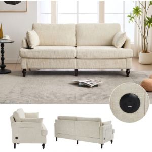 Canap&eacute; 2 places, canap&eacute; droit avec pieds en bois, lumi&egrave;res LED, port USB, poches lat&eacute;rales, en chenille, beige