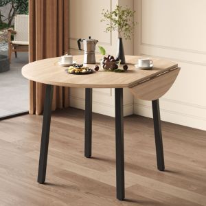 Table &agrave; manger ronde pliable 100x100x75cm - Pour 2 &agrave; 4 personnes - Pieds en m&eacute;tal - Plateau pliable - MDF - Naturel