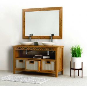 Saniteck - Ensemble meuble vasque salle de bain en bois teck massif naturel 140 cm avec miroir Taille - Meuble+miroir - sans vasque