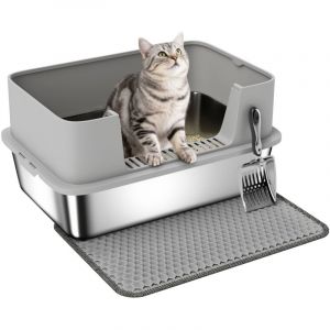 Pawhut Bac &agrave; liti&egrave;re XL en acier inoxydable - pour grand chat - nettoyage facile - parois hautes, marche anti-dispersion - gris