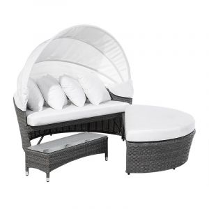 Beliani Lit de jardin gris avec capote réglable et coussins blanc cassé SYLT LUX