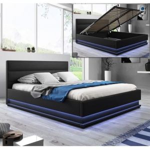 Lit coffre - Nitas - noir - 160x200cm - bois - lattes - LEDS