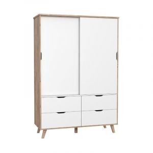Armoire 2 portes coulissantes 4 tiroirs d&eacute;cor ch&ecirc;ne et blanc - ALBANE