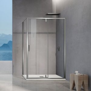 Cabine de douche pivotante avec élément fixe et paroi latérale hauteur 195cm accessoires chromés 140x80 - Grand Verre