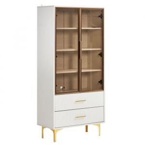 &Eacute;l&eacute;gante vitrine en verre &agrave; deux portes avec &eacute;clairage LED, pieds dor&eacute;s, &eacute;tag&egrave;res amovibles, 70 x 35 x 150 cm