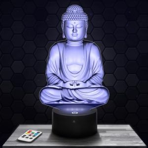 Lampe 3D - Bouddha - Accessoire Objet Cadeau Bouddha - Veilleuse Led Tactile avec socle au choix et télécommande