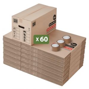 Pack and Move- Lot 60 Cartons Déménagement Premium - 60 X 30 X 30 Cm - Extrême Résistance 30 KG - Réutilisables - Double Épaisseur - Poignées Renforcées - 3 Adhésifs Offerts