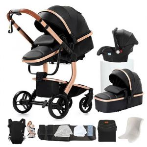 Poussette Magic Zc Poussette 3 En 1 Poussette Bebe Poussette Pliable 0-3 Ans Cuir Pu Sac &Agrave; Main Porte-B&eacute;b&eacute; Avec Grand Panier Noir