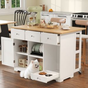 &Icirc;lot central de cuisine mobile 120x70x90cm - 4 tiroirs et 1 porte - 2 gamelles pour animaux - &eacute;tag&egrave;res r&eacute;glables - blanc