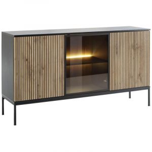 Buffet 3 portes avec LEDs en MDF et verre fumé - Noir et Naturel - OVILA