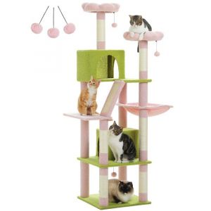 PAWZ Road Grand Arbre à Chat Multi-Niveaux avec 6 Poteaux à Griffer, 2 Griffoirs, 2 Niches, 2 Pompons & 1 Hamac, 180cm, Rose