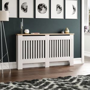 Vida Designs Arlington Cache-radiateur moderne à lattes, MDF blanc, étagère supérieure en bois, grand