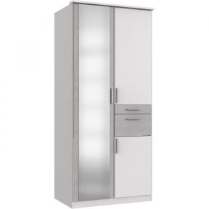 Wimex Armoire de chambre - volos - Blanc / Béton gris clair - 3 portes - 1 porte miroir - 2 tiroirs - 90 x 58 x 199 cm