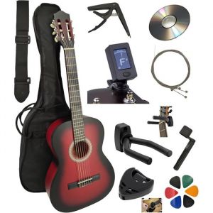 AMROVA Pack Guitare Classique 3/4 (Enfant 8-12 ans) + 10 Accessoires (Housse Support) + Cours Vid&eacute;o & CD (Rouge 3/4 Droitier)