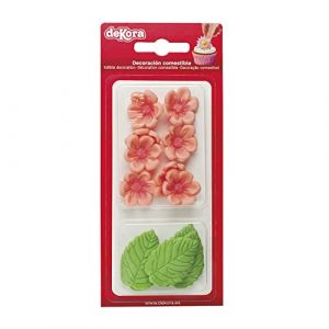 Dekora Boîte de 8 Fleures Roses et 5 Feuilles Vertes en Sucre - Figurines Comestibles pour Gâteaux - Décoration en Sucre pour Gâteaux d'Anniversaire