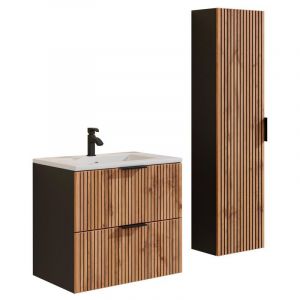 Vente-unique - Meuble de salle de bain suspendu stri&eacute; avec vasque &agrave; encastrer et colonne - Naturel clair et noir - 60 cm - madela