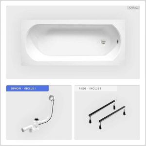 Baignoire rectangulaire - 160 x 75 cm - sans Habillage - avec Pieds - Vidage Chrome - INTRICA