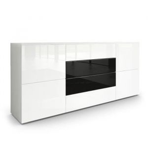 Vladon Buffet dressoir Rova en Blanc mat - Blanc haute brillance - Noir haute brillance