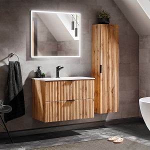 Ensemble meuble simple vasque encastrée 80cm miroir LED et colonne Adriel Bois