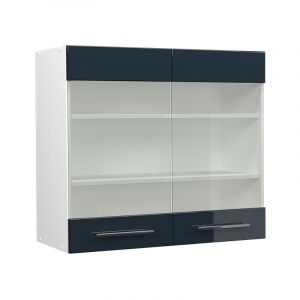 Meuble de cuisine haut vitr&eacute; Fame-Line, Bleu fonc&eacute; brillant, 80 cm Vicco