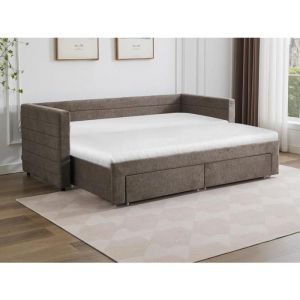 Lit gigogne 2 x 80 x 200 cm - Avec sommier peigne et tiroirs - Tissu texturé - Taupe - CAMITY