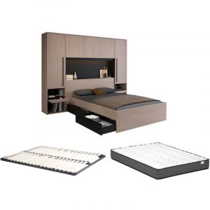Lit pont 160 x 200 cm avec rangements - Avec LEDs - Coloris : Naturel et noir + Sommier + Matelas - VELONA
