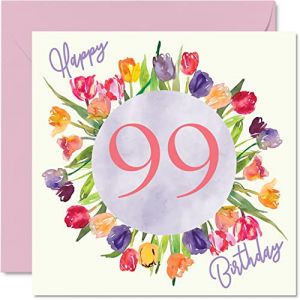 Belles cartes de 99e anniversaire pour femme &ndash; Bouquet de tulipes aquarelles &ndash; Carte d'anniversaire pour elle, grand-m&egrave;re, grand-m&egrave;re, grand-m&egrave;re, grand-m&egrave;re, cadeau d'anniversaire, 145 mm x 145 mm