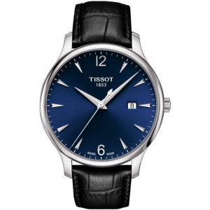 Tissot Montre T-Classic Tradition quartz cadran bleu bracelet cuir noir 42 mm