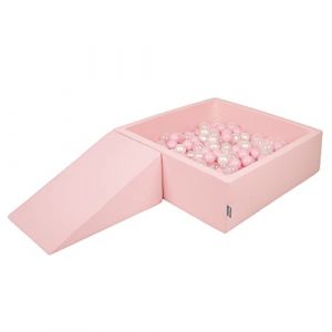 KiddyMoon Aire De Jeux En Mousse Avec Carr&eacute; Piscine &Agrave; Balles (100 Balles) Pour Enfants, Rose:Rose Poudre-Perle-Transparent, Pente