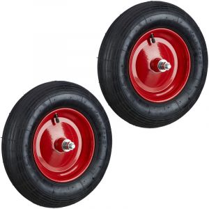 Relaxdays Roue de brouette caoutchouc 200 kg, lot de 2, roue de rechange avec axe, caoutchouc essieu 4.80 4.00-8, noir-rouge