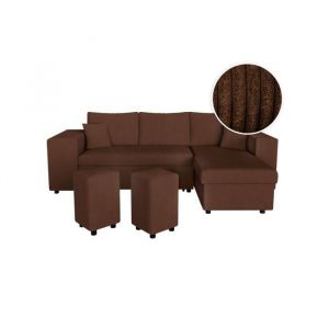 Loungitude Canap&eacute; convertible 2 poufs gauche et &eacute;tag&egrave;re en velours c&ocirc;tel&eacute; Marron