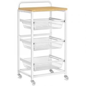 Chariot de Rangement &agrave; 4 Niveaux, avec Paniers Extractibles, &Eacute;tag&egrave;re de Cuisine avec roulettes, avec Poign&eacute;e, 31,7 x 40 x 76 cm, Dor&eacute; Ch&ecirc;ne et Blanc