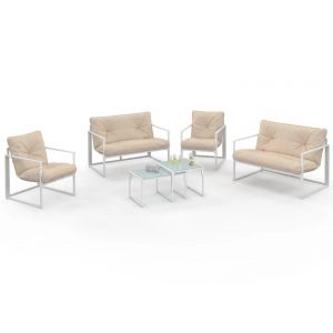 Idmarket Salon de jardin bas NAIROBI 6 places en acier blanc et coussins beige