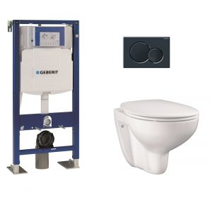 Image de Geberit Pack UP320 + Cuvette GROHE sans bride Bau Ceramic + plaque sigma noire
