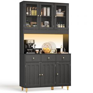 Buffet Haut Cuisine LED Bealife Armoire Rangemnt Hauteur 180 cm Meuble Cuisine Noir &Eacute;tag&egrave;res R&eacute;glables 3 Portes en Verre 3 Tiroirs