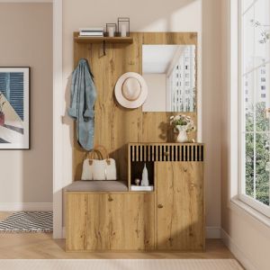 Ensemble vestiaire d'entrée 110x37x185,5 cm - Avec miroir et crochets - Meuble à chaussures et banc à chaussures - Naturel
