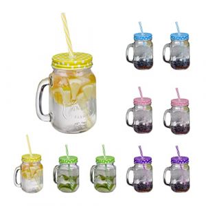 Relaxdays Jarres avec Paille et Couvercle, en Lot de 10, Volume de 500 ML, Design rétro, Verre avec Anse, Multicolore