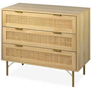 Menzzo Commode 3 tiroirs Mandelieu Bois clair et Rotin