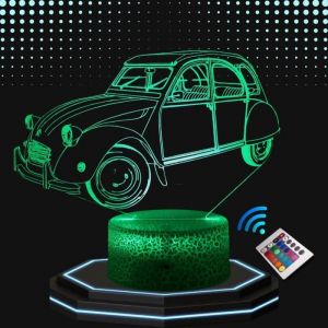 Lampe chevet 3D LED voiture de collection 2CV deux chevaux, Veilleuse changement de couleurs, Lampe tactile bureau chambre vintage