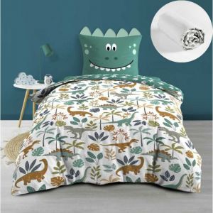 Pack Housse de couette enfant r&eacute;versible DINA 140x200 cm + Drap housse 90x190 cm Blanc