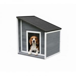 Relaxdays Niche pour chien, en bois &eacute;tanche, toit inclinable pour petits chiens, H x L x P : 77 x 71 x 58 cm, gris/blanc