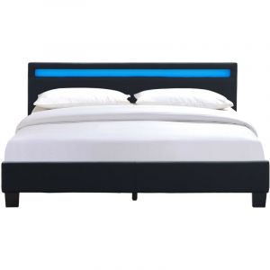 Angel - Solide et Confortable Lit 140x200 avec Sommier + Tête de Lit avec Eclairage LED Couleur NOIR + Pieds en 10 cm pour matelas en - 2 x 13 Lattes