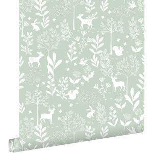 Estahome - papier peint forêt avec des animaux de la forêt vert menthe