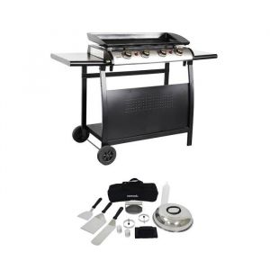 Plancha au gaz 4 br&ucirc;leurs sur chariot - Porthos - 10kW. plancha &agrave; gaz avec desserte et ustensiles