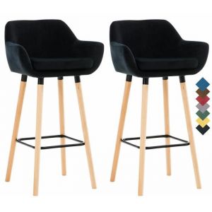 CLP Lot De 2 Tabourets De Bar Grant En Velours I Assise Et Dossier Rembourr&eacute;s I Empi&eacute;tement En Bois - Noir