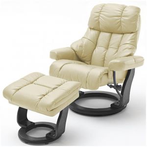 Inside75 Fauteuil relax CLAIRAC XL assise en cuir crème pied en bois couleur noir avec repose pied - blanc