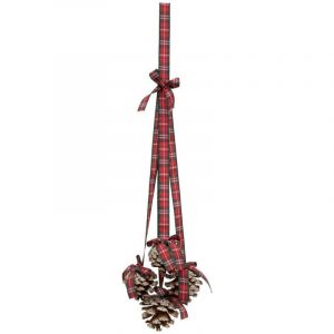 Suspension de Noël 4 Rubans Tartan Rouge et Vert avec Pomme de Pin H 45 cm