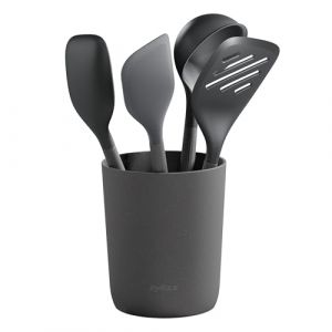 Zyliss Lot de 5 Ustensiles de Cuisine Durables en Paille de Blé/Silicone avec Louche, Spatule, Cuillère et Support, Têtes en Silicone Résistantes à la Chaleur, Gris Béluga